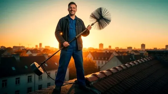 Chimney sweep standing on a rooftop at dusk in the Cucamonga Valley