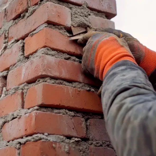 Pointing mortar joints on a masonry chimney in Montclair