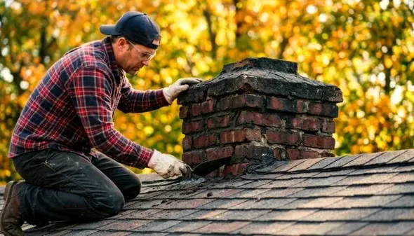 Mason inspecting a wind-damaged chimney top in Fontana